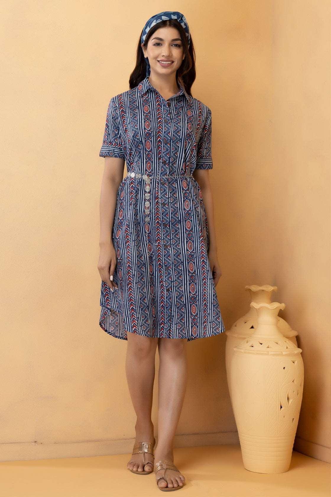 Indigo Cotton Hand Block Printed Shirt Dress With Silver Belt