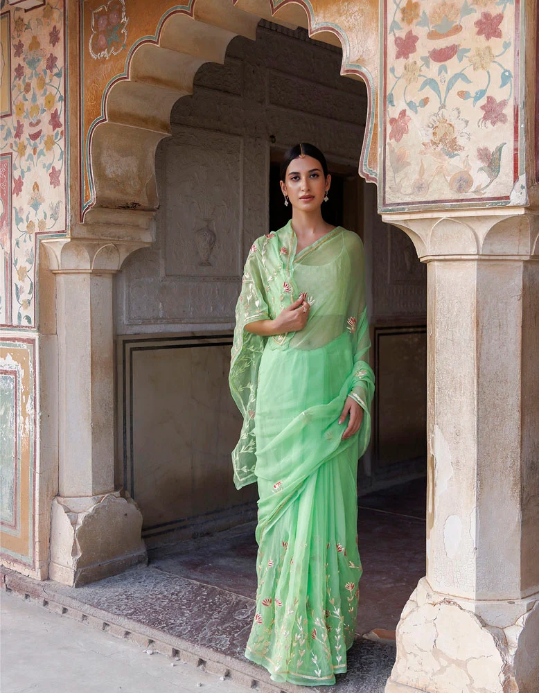 Green Hand Embroidered Gota Patti Chiffon Saree