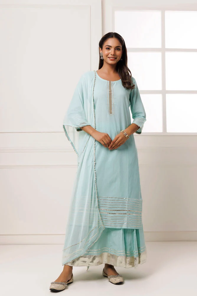 Sea Green Handcrafted Straight Cotton Kurta Set With Dupatta