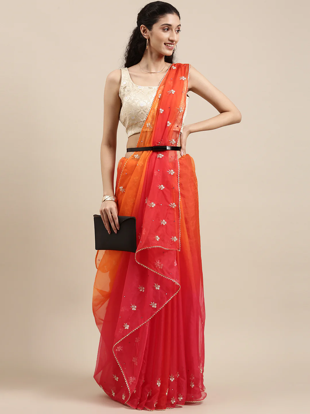 Orange & Red Shaded Handcrafted Organza Saree