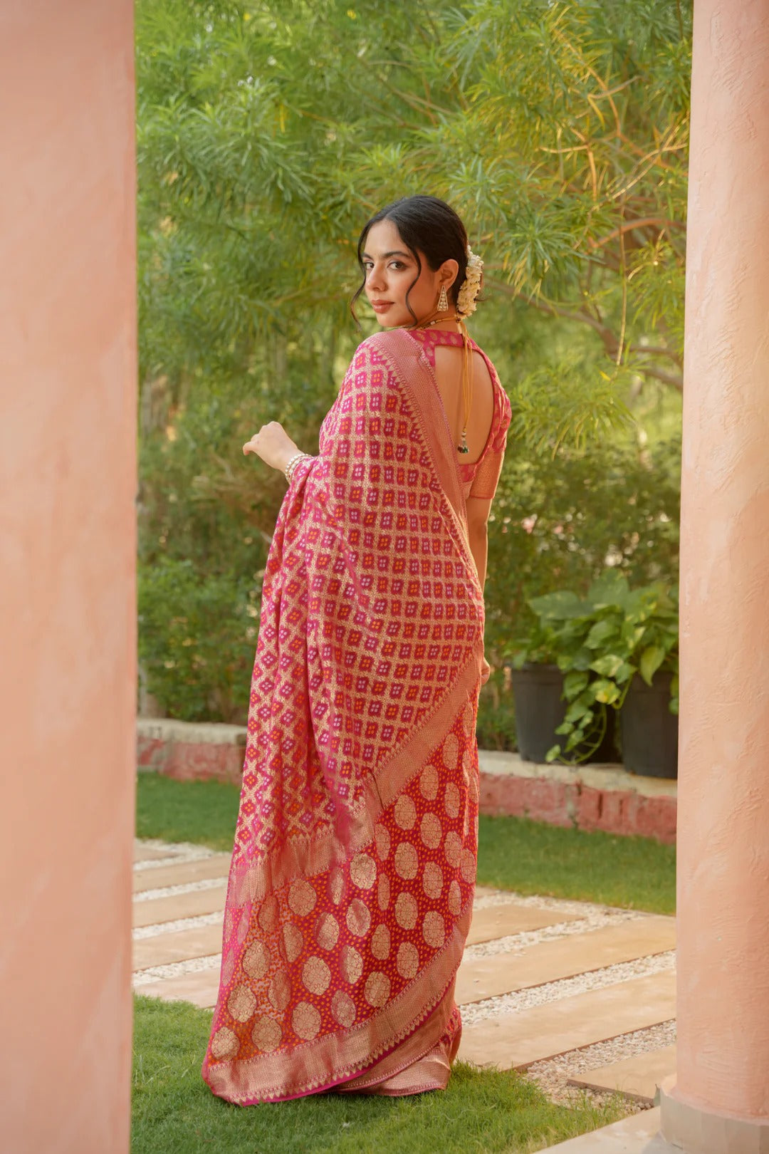 Power loom Bandhej Look Saree