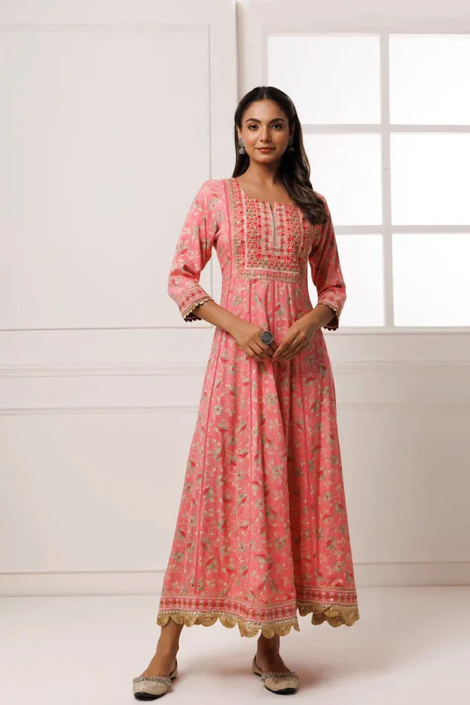Pink Cotton-Rayon Embroidered Long Dress